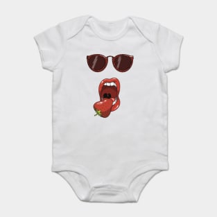 Mouth about to eat a delicious red strawberry while wearing matching red leopard print sun glasses. Baby Bodysuit